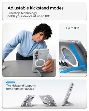 Spigen Galaxy S26 Case - Ultra Hybrid S (Mag Fit) Clear White showing adjustable kickstand modes. freestop technology holds your device at up to 80 degree