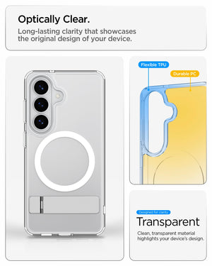 Spigen Galaxy S26 Case - Ultra Hybrid S (Mag Fit) Clear White showing optically clear. long lasting clarity that showcases the original design of your device
