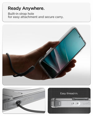 Spigen Galaxy S26 Case - Ultra Hybrid S (Mag Fit) Clear White showing ready anywhere. built in strap hole for easy attachment and secure carry
