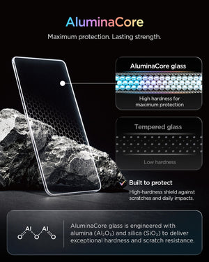 Spigen AluminaCore tempered glass detail for Galaxy S26 FE