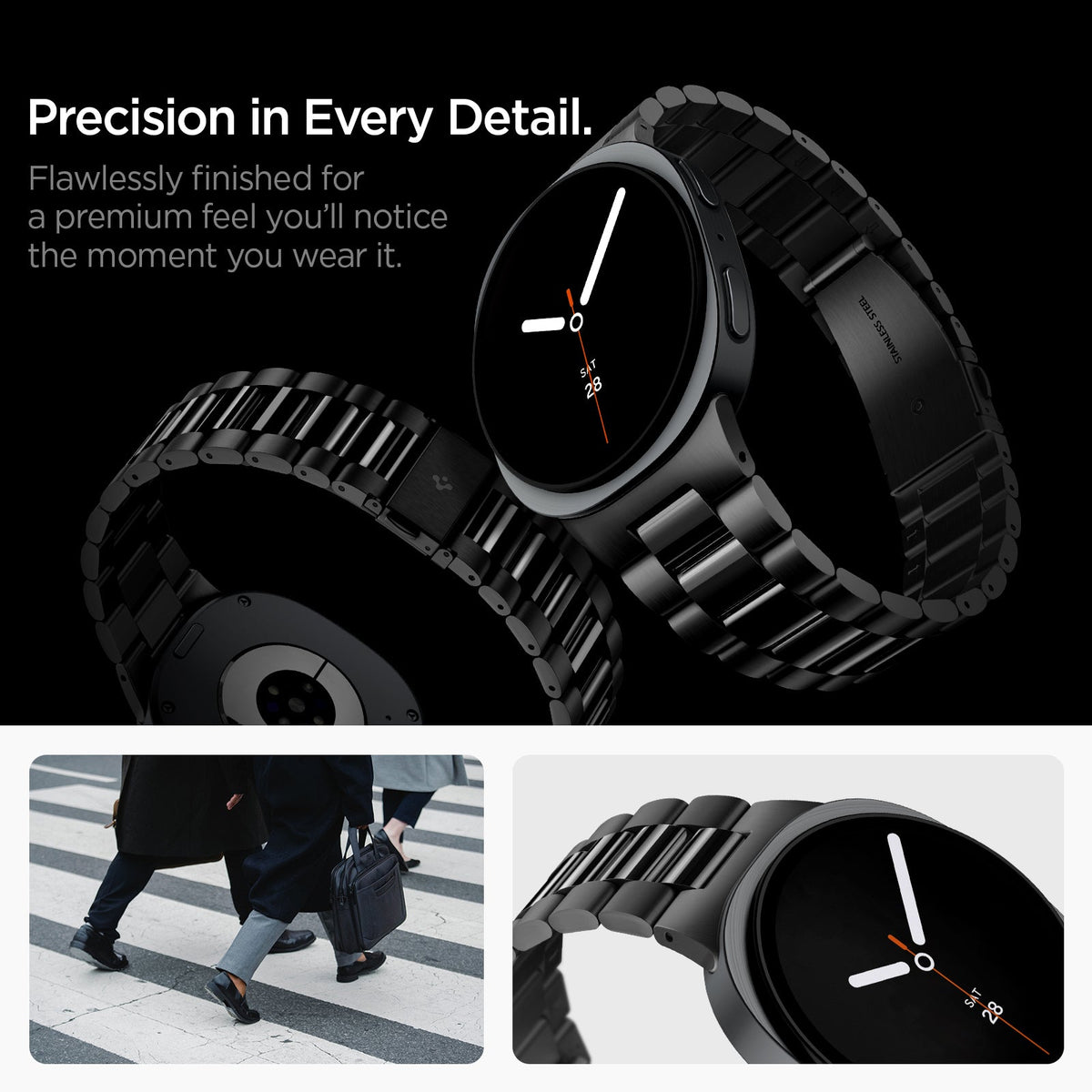 Black Spigen Modern Fit 316L Galaxy Watch band product and feature view 7