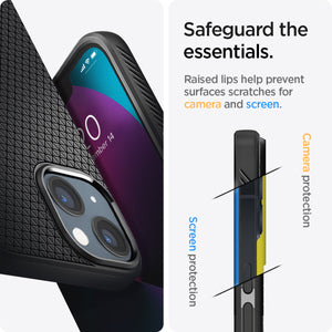 ACS03315 - iPhone 13 Mini Case Liquid Air in black showing the raised lips help prevent surfaces scratches for camera and screen. Screen protection and Camera protection