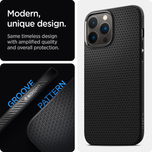 ACS03258 - iPhone 13 Pro Case Liquid Air in matte black showing the modern, unique design. Same timeless design with amplified quality and overall protection.