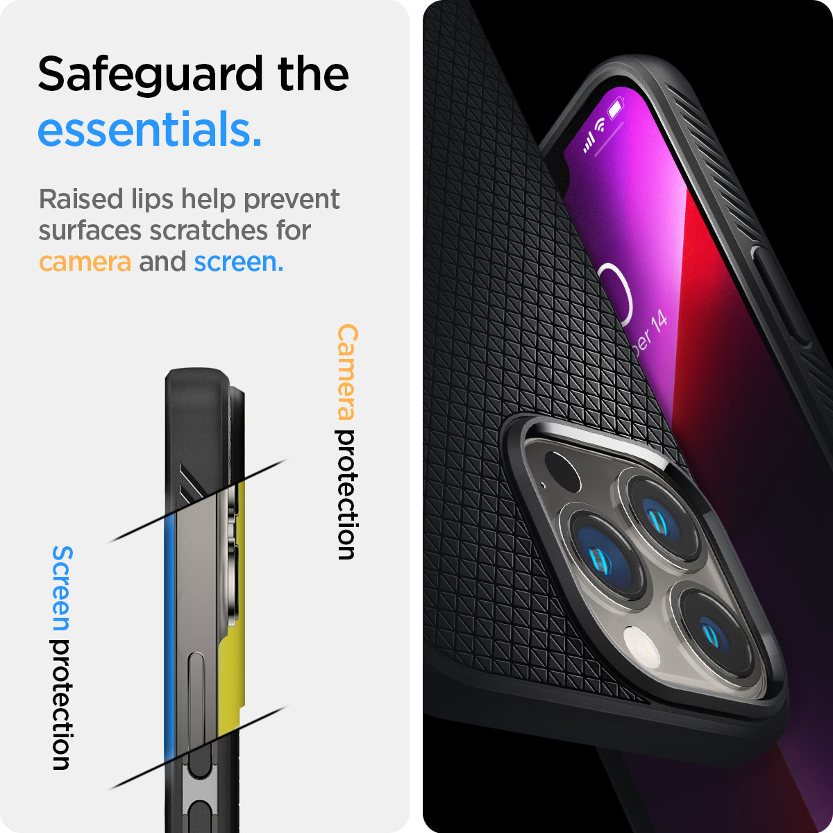 ACS03258 - iPhone 13 Pro Case Liquid Air in matte black showing the raised lips help prevent surfaces scratches for camera and screen. Camera protection and Screen protection