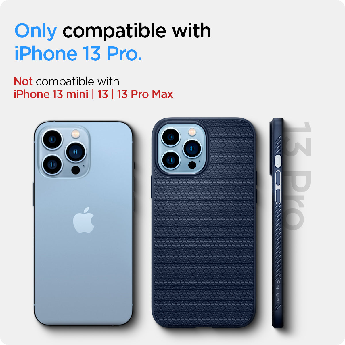 ACS03259 - iPhone 13 Pro Case Liquid Air in navy blue showing the compatibility only with iPhone 13 Pro. Not compatible with iPhone 13 mini | 13 | 13 Pro Max