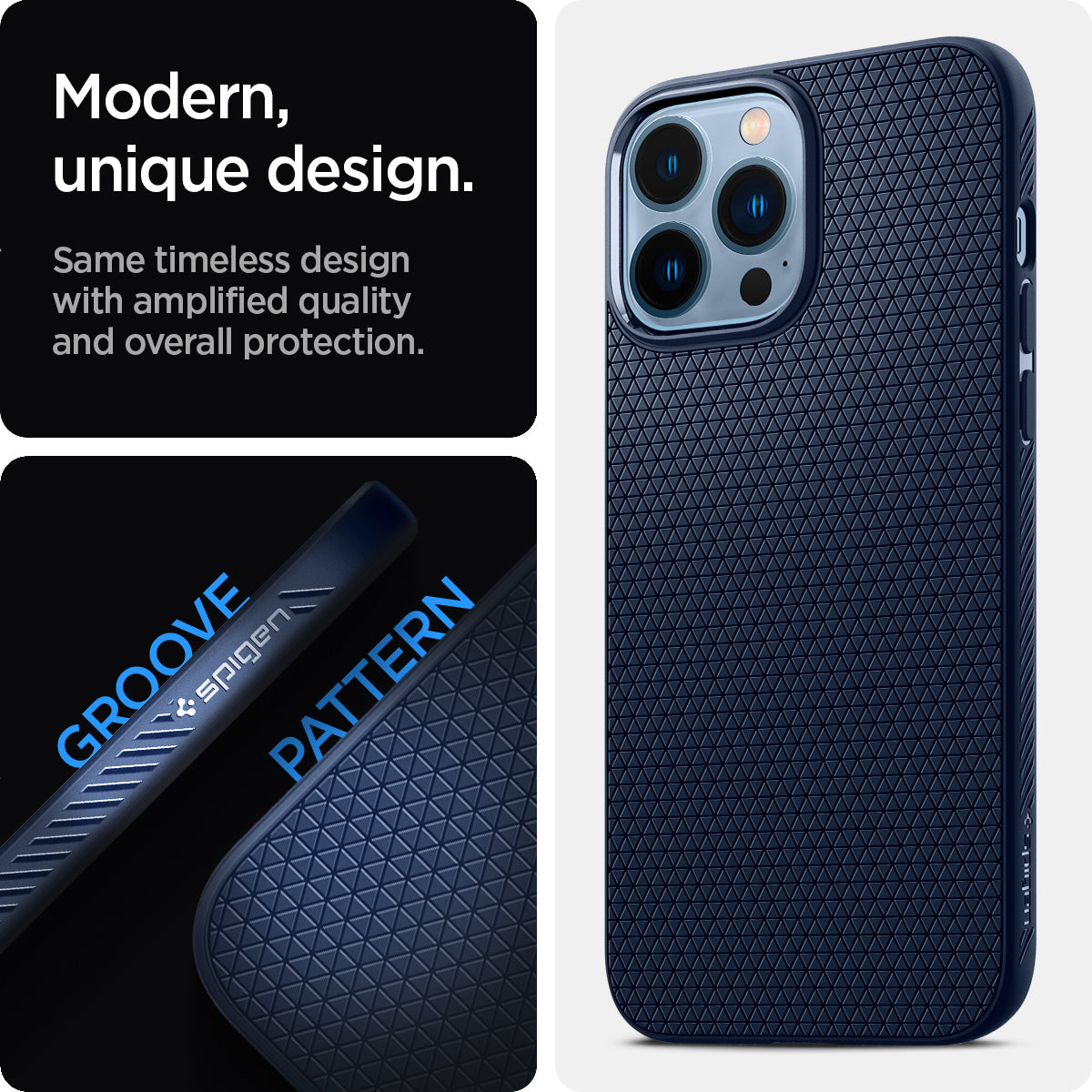 ACS03259 - iPhone 13 Pro Case Liquid Air in navy blue showing the modern, unique design. Same timeless design with amplified quality and overall protection.