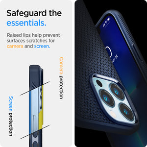 ACS03259 - iPhone 13 Pro Case Liquid Air in navy blue showing the raised lips help prevent surfaces scratches for camera and screen. Camera protection and Screen protection