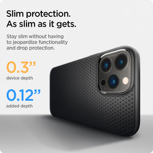 ACS03201 - iPhone 13 Pro Max Case Liquid Air in black showing the slim protection. Stay slim without having to jeopardize functionality and drop protection 0.3" device depth 0.12" added depth