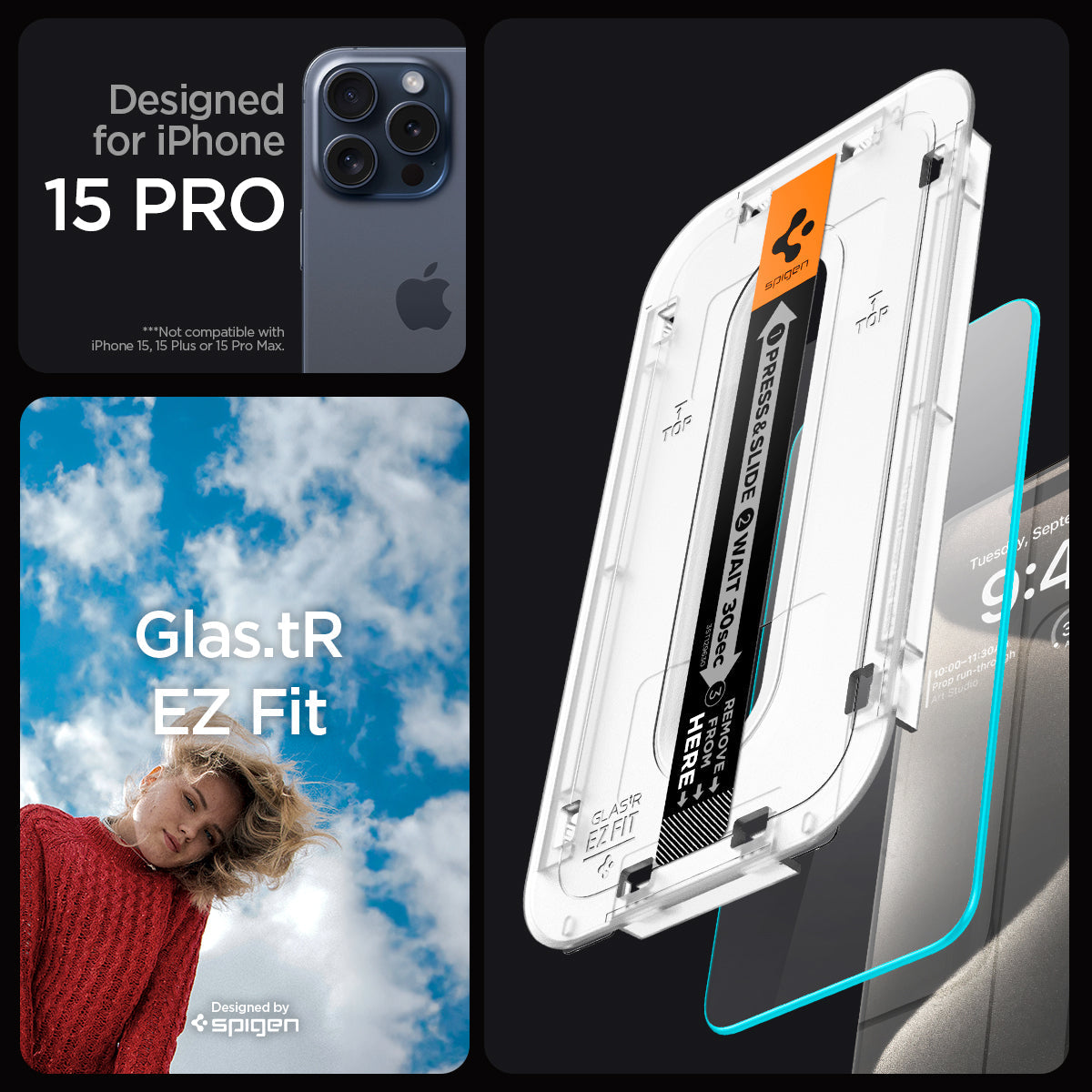 Spigen iPhone 15 Pro Screen Protector – GLAS.tR EZ Fit – installation graphic designed specifically for iPhone 15 Pro