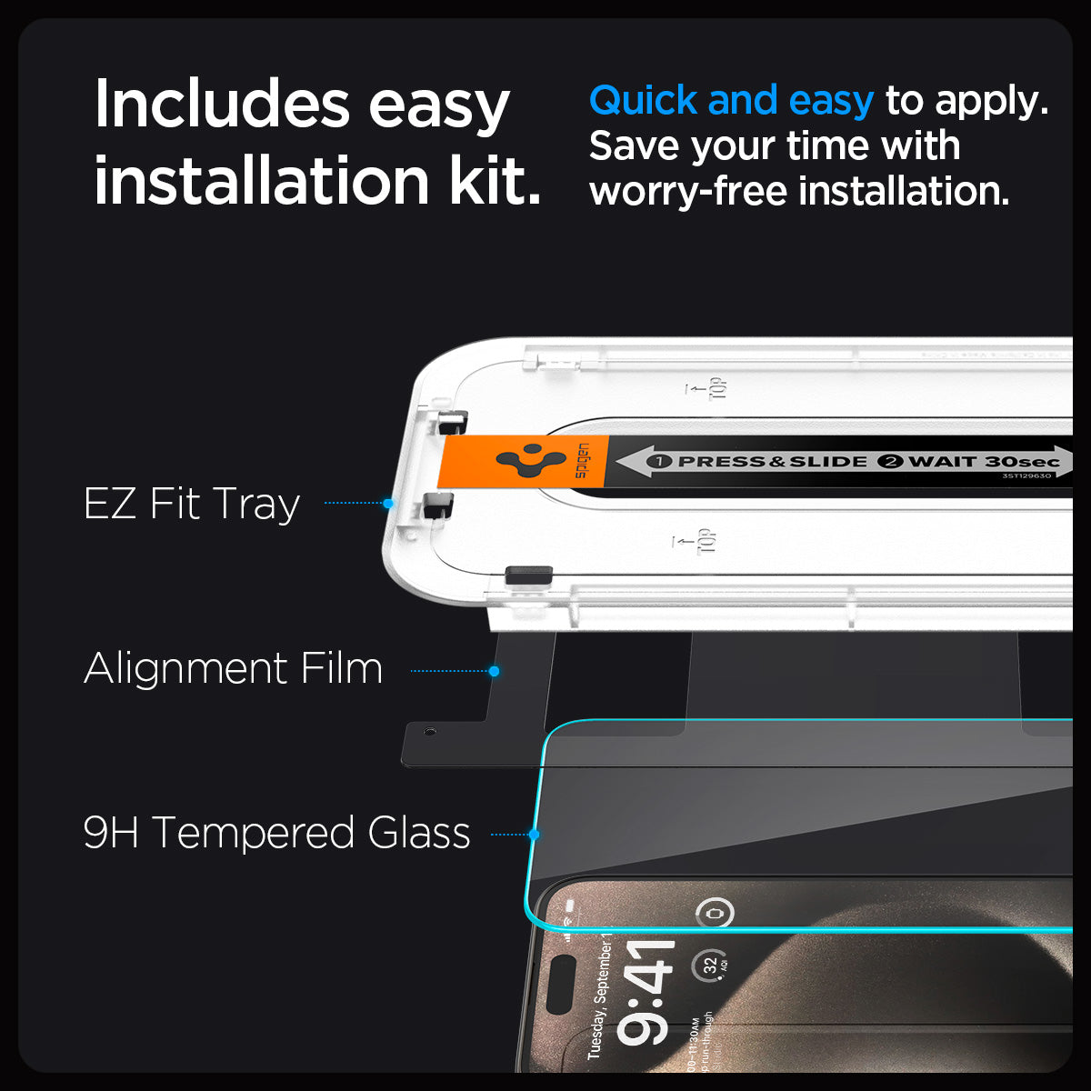 Spigen iPhone 15 Pro Screen Protector – GLAS.tR EZ Fit – EZ Fit tray, alignment film, and 9H tempered glass layers