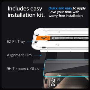 Spigen iPhone 15 Pro Screen Protector – GLAS.tR EZ Fit – EZ Fit tray, alignment film, and 9H tempered glass layers
