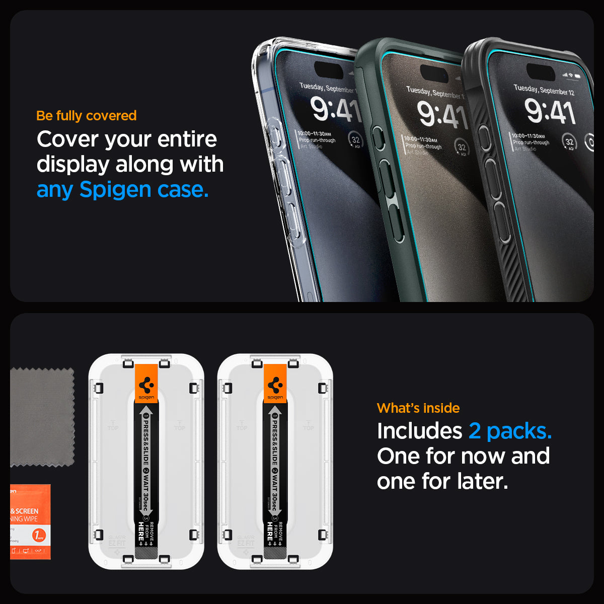 Spigen iPhone 15 Pro Screen Protector – GLAS.tR EZ Fit – case-compatible coverage and two-pack contents