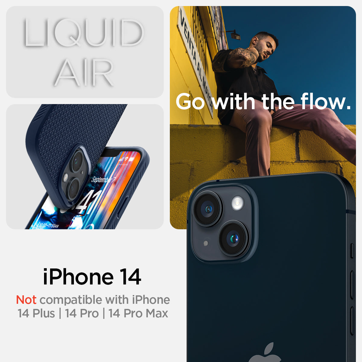 ACS05038 - iPhone 14 Case Liquid Air in navy blue showing the compatibility only with iPhone 14. Not compatible with iPhone 14 Plus | 14 Pro | 14 Pro Max
