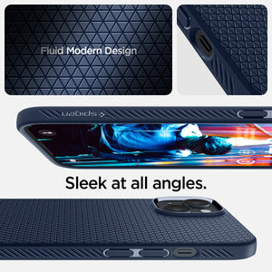ACS05038 - iPhone 14 Case Liquid Air in navy blue showing the fluid modern design. Sleek at all angles