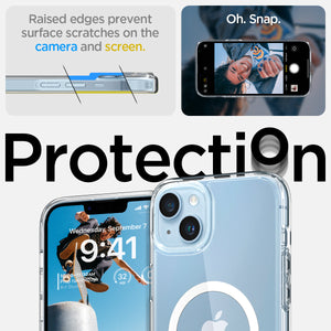 Spigen iPhone 14 Plus Case – Ultra Hybrid (MagFit) in White – raised screen and camera edge protection