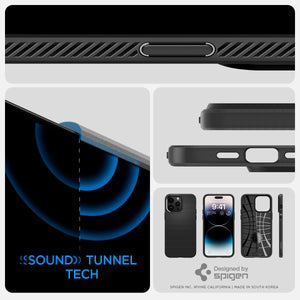 Spigen iPhone 14 Pro Max Case – Liquid Air - Matte Black - sound tunnel, button and compatible-accessory details