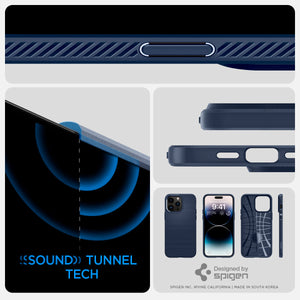 Spigen iPhone 14 Pro Max Case – Liquid Air - Navy Blue - sound tunnel, button and compatible-accessory details
