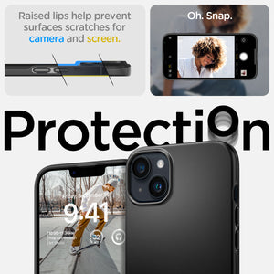 Spigen iPhone 14 / iPhone 13 Case – Thin Fit in Black – raised screen and camera edge protection