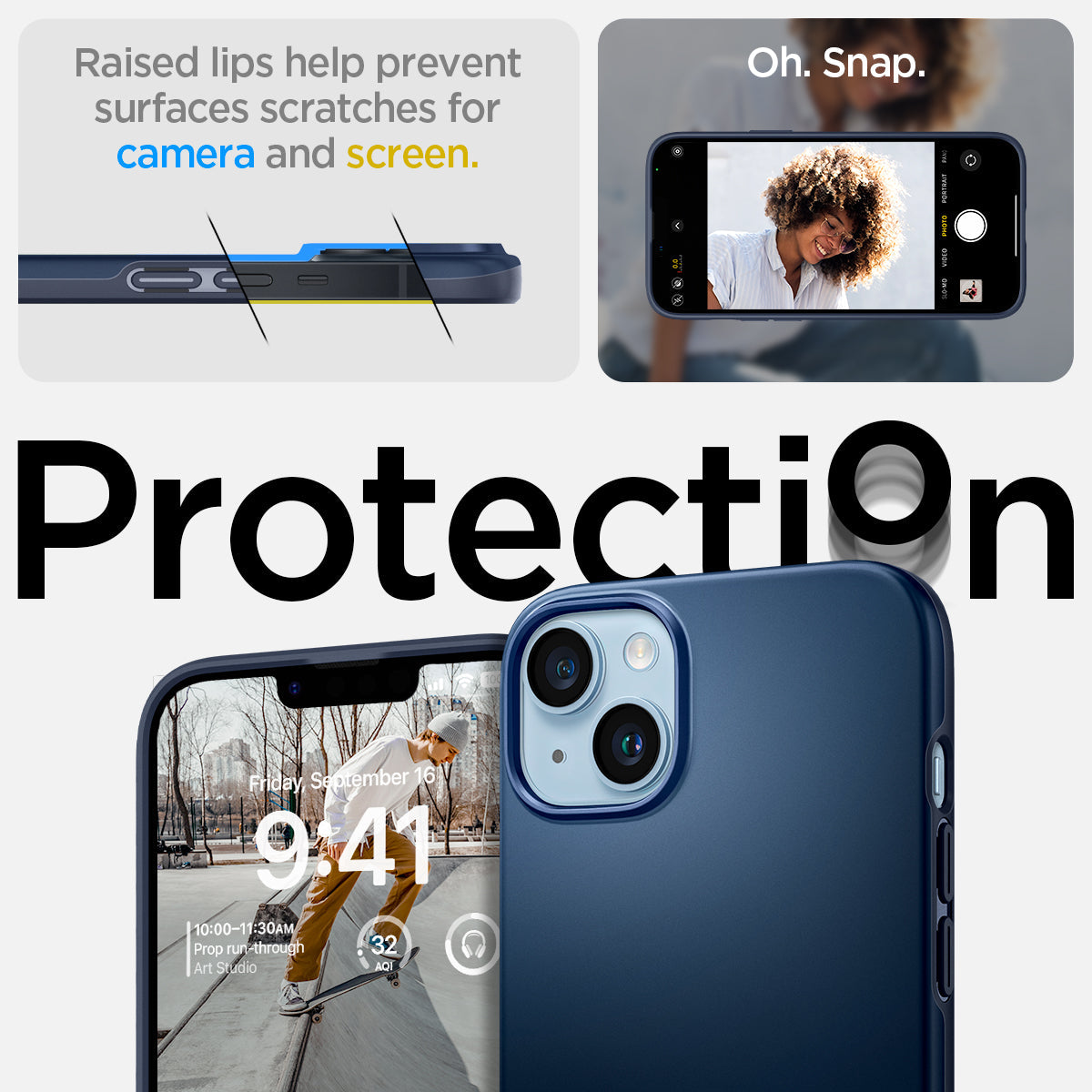 Spigen iPhone 14 / iPhone 13 Case – Thin Fit in Navy Blue – raised screen and camera edge protection