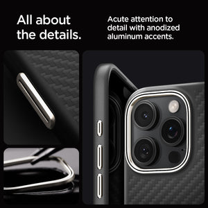 Spigen Enzo Aramid MagFit case for iPhone 16 Pro - aluminum accent detail panel