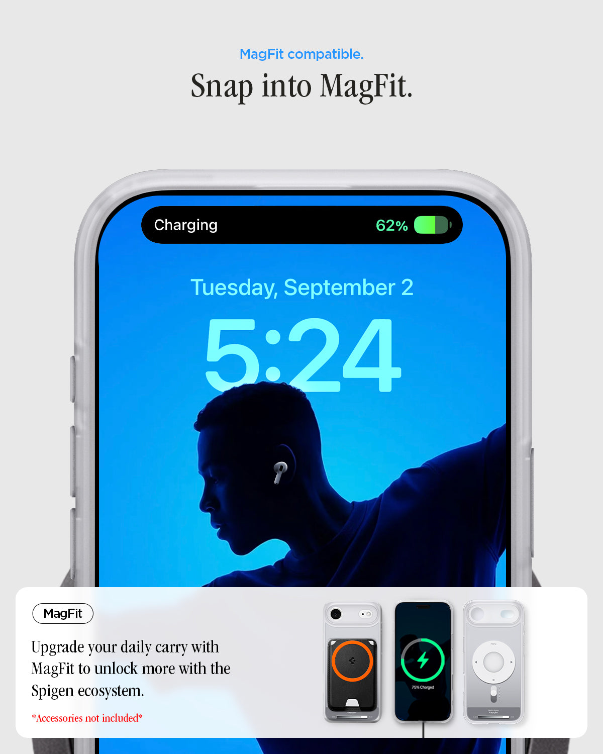 ACS10060 - iPhone 17 Air Ultra Hybrid Classic (MagFit) in Classic Silver showing magfit compatible. snap into magfit. upgrade your daily carry with magfit to unlock more with the spigen ecosystem.