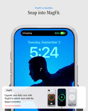 ACS10060 - iPhone 17 Air Ultra Hybrid Classic (MagFit) in Classic Silver showing magfit compatible. snap into magfit. upgrade your daily carry with magfit to unlock more with the spigen ecosystem.