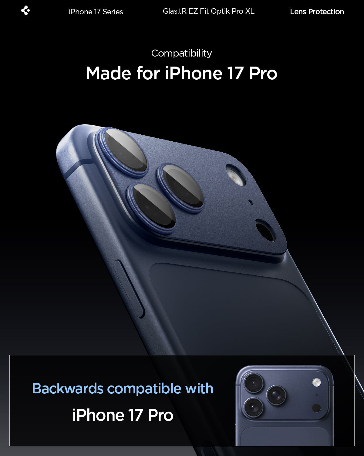 Spigen iPhone 17 Pro Lens Protector – GLAS.tR EZ Fit Optik Pro XL [1 Pack] - Blue - iPhone 17 Pro compatibility