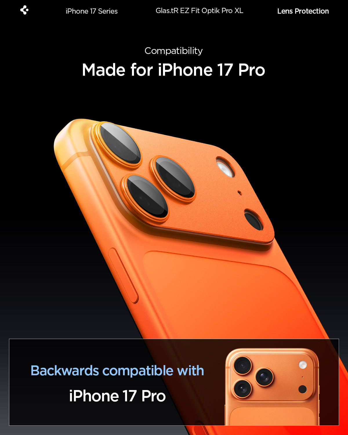 Spigen iPhone 17 Pro Lens Protector – GLAS.tR EZ Fit Optik Pro XL [1 Pack] - Cosmic Orange - iPhone 17 Pro compatibility