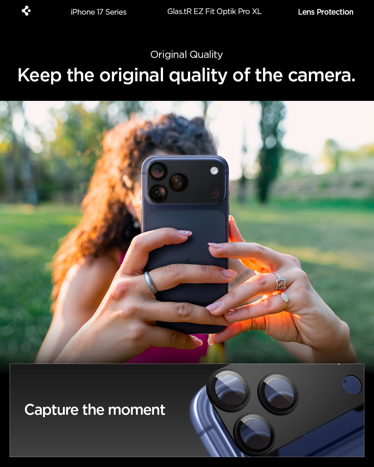 Spigen iPhone 17 Pro Lens Protector – GLAS.tR EZ Fit Optik Pro XL [1 Pack] - Black - original camera quality