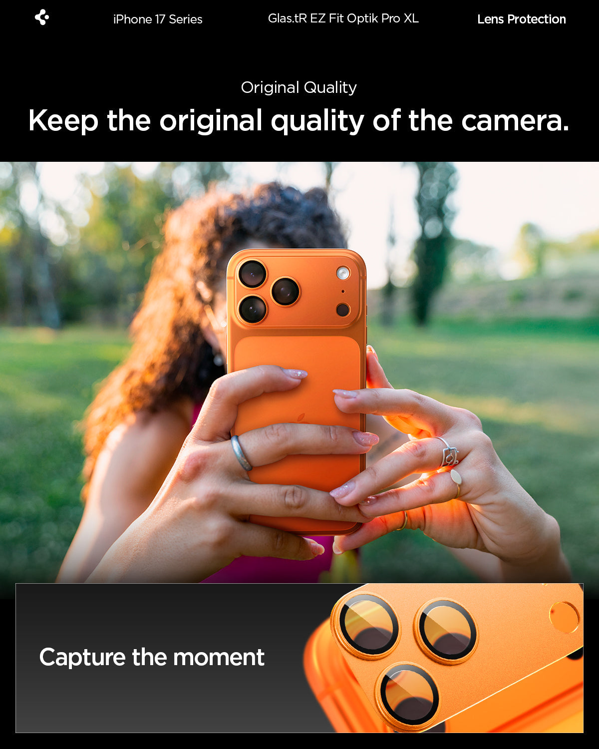 Spigen iPhone 17 Pro Lens Protector – GLAS.tR EZ Fit Optik Pro XL [1 Pack] - Cosmic Orange - original camera quality