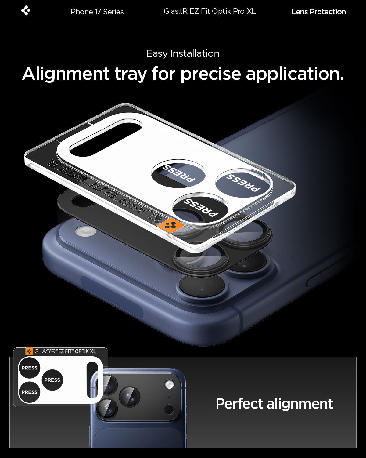 Spigen iPhone 17 Pro Lens Protector – GLAS.tR EZ Fit Optik Pro XL [1 Pack] - Black - precise alignment installation