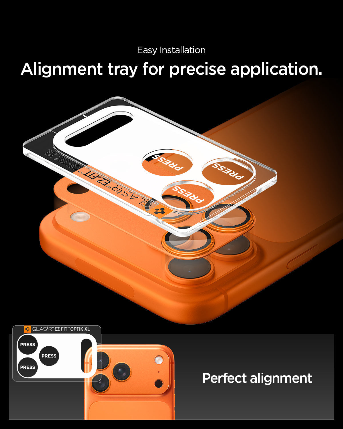 Spigen iPhone 17 Pro Lens Protector – GLAS.tR EZ Fit Optik Pro XL [1 Pack] - Cosmic Orange - precise alignment installation