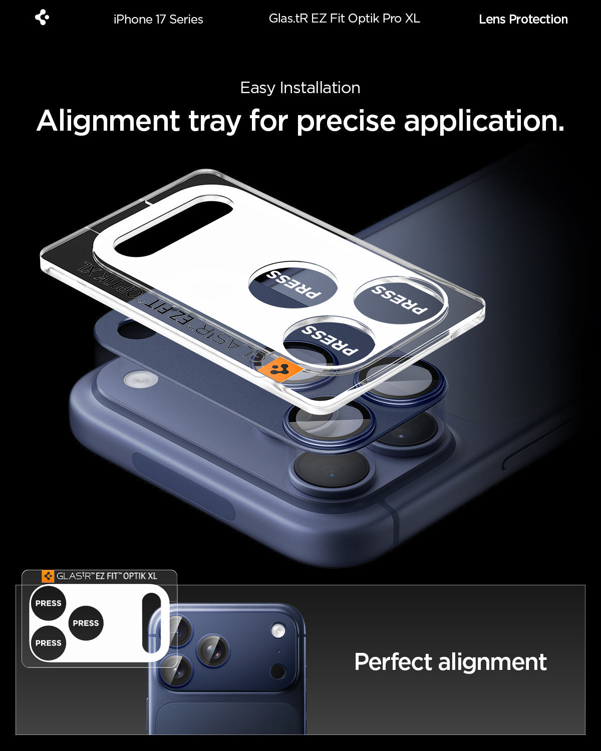 Spigen iPhone 17 Pro Lens Protector – GLAS.tR EZ Fit Optik Pro XL [1 Pack] - Blue - precise alignment installation