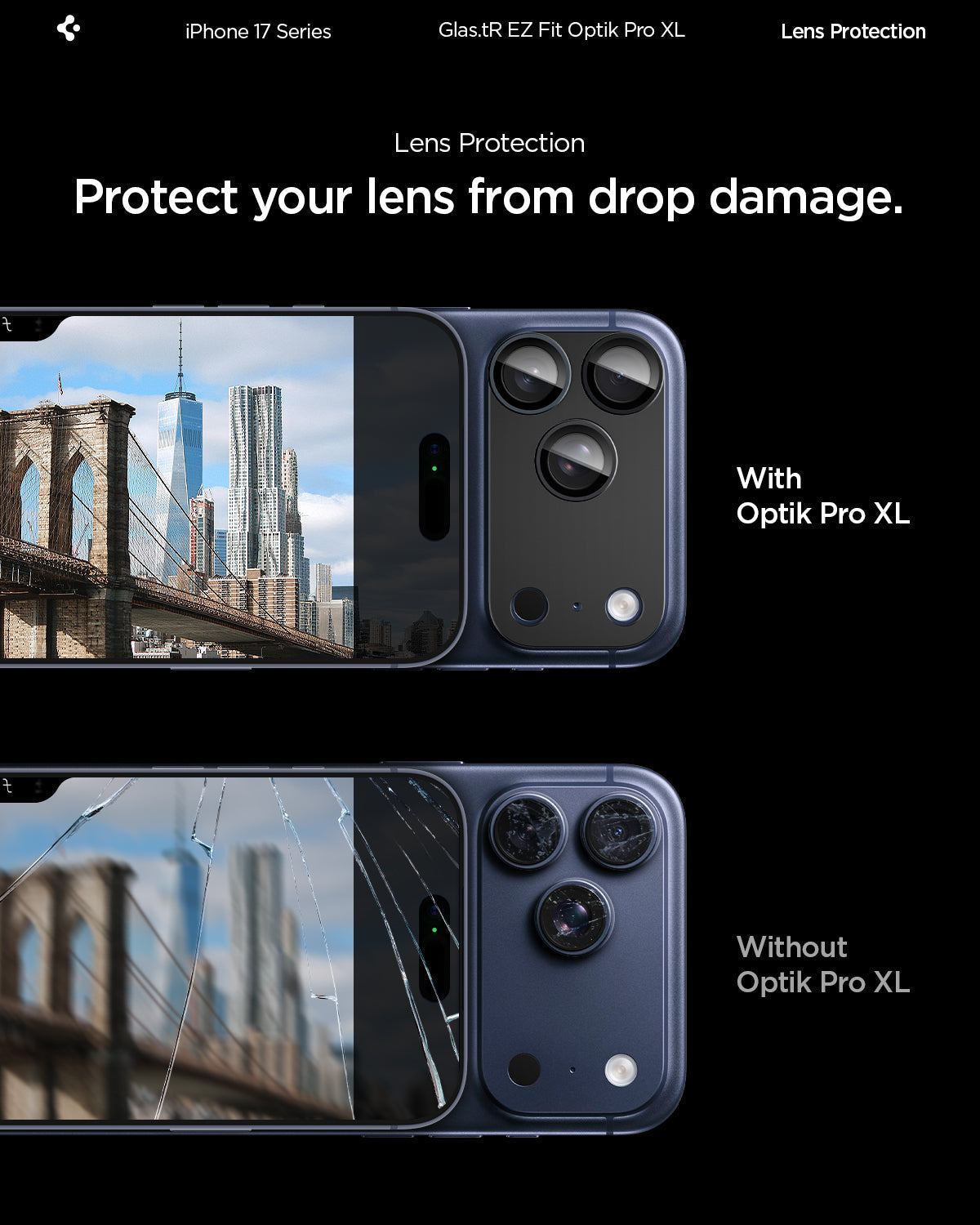 Spigen iPhone 17 Pro Lens Protector – GLAS.tR EZ Fit Optik Pro XL [1 Pack] - Black - drop damage protection