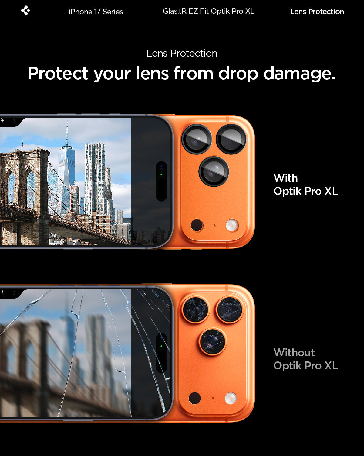 Spigen iPhone 17 Pro Lens Protector – GLAS.tR EZ Fit Optik Pro XL [1 Pack] - Cosmic Orange - drop damage protection