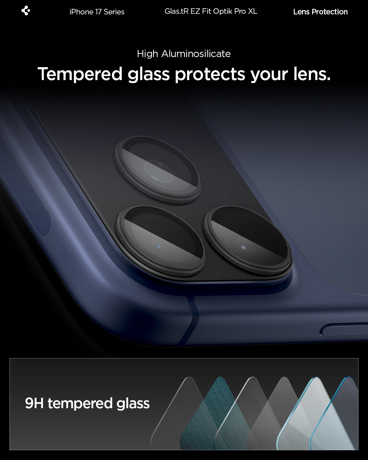 Spigen iPhone 17 Pro Lens Protector – GLAS.tR EZ Fit Optik Pro XL [1 Pack] - Black - 9H high-aluminosilicate glass