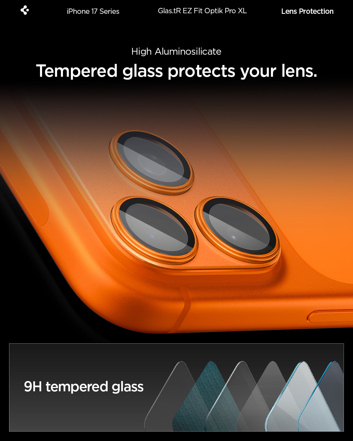 Spigen iPhone 17 Pro Lens Protector – GLAS.tR EZ Fit Optik Pro XL [1 Pack] - Cosmic Orange - 9H high-aluminosilicate glass