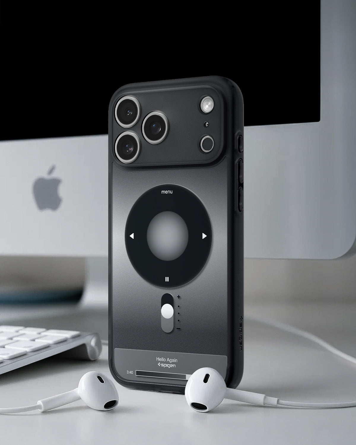 Spigen iPhone 17 Pro Max Case – Ultra Hybrid Classic (MagFit) - Classic Black - back with AirPods