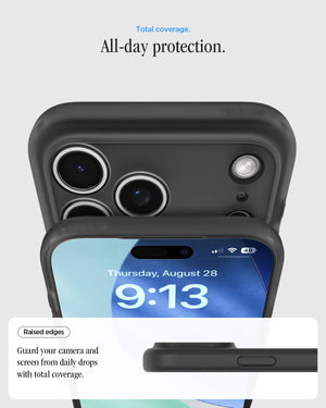 ACS10076 - iPhone 17 Pro Case Ultra Hybrid Classic (MagFit) in Classic Black showing total coverage. all day protection. raised edges. guard your camera and screen from daily drops with total coverage.