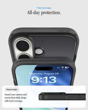 ACS10092 - iPhone 17 Ultra Hybrid Classic (MagFit) in Classic Black showing total coverage. all day protection. raised edges. guard your camera and screen from daily drops with total coverage.
