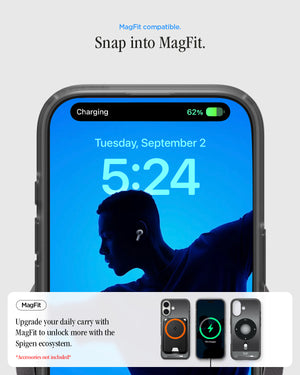 ACS10092 - iPhone 17 Ultra Hybrid Classic (MagFit) in Classic Black showing magfit compatible. snap into magfit. upgrade your daily carry with magfit to unlock more with the spigen ecosystem.