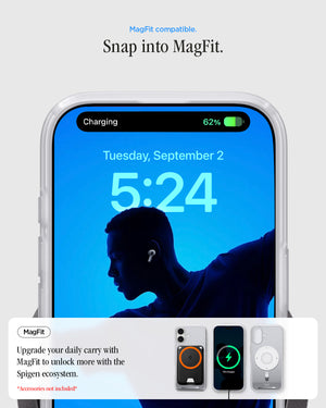 ACS10091 - iPhone 17 Ultra Hybrid Classic (MagFit) in Classic Silver showing magfit compatible. snap into magfit. upgrade your daily carry with magfit to unlock more with the spigen ecosystem.