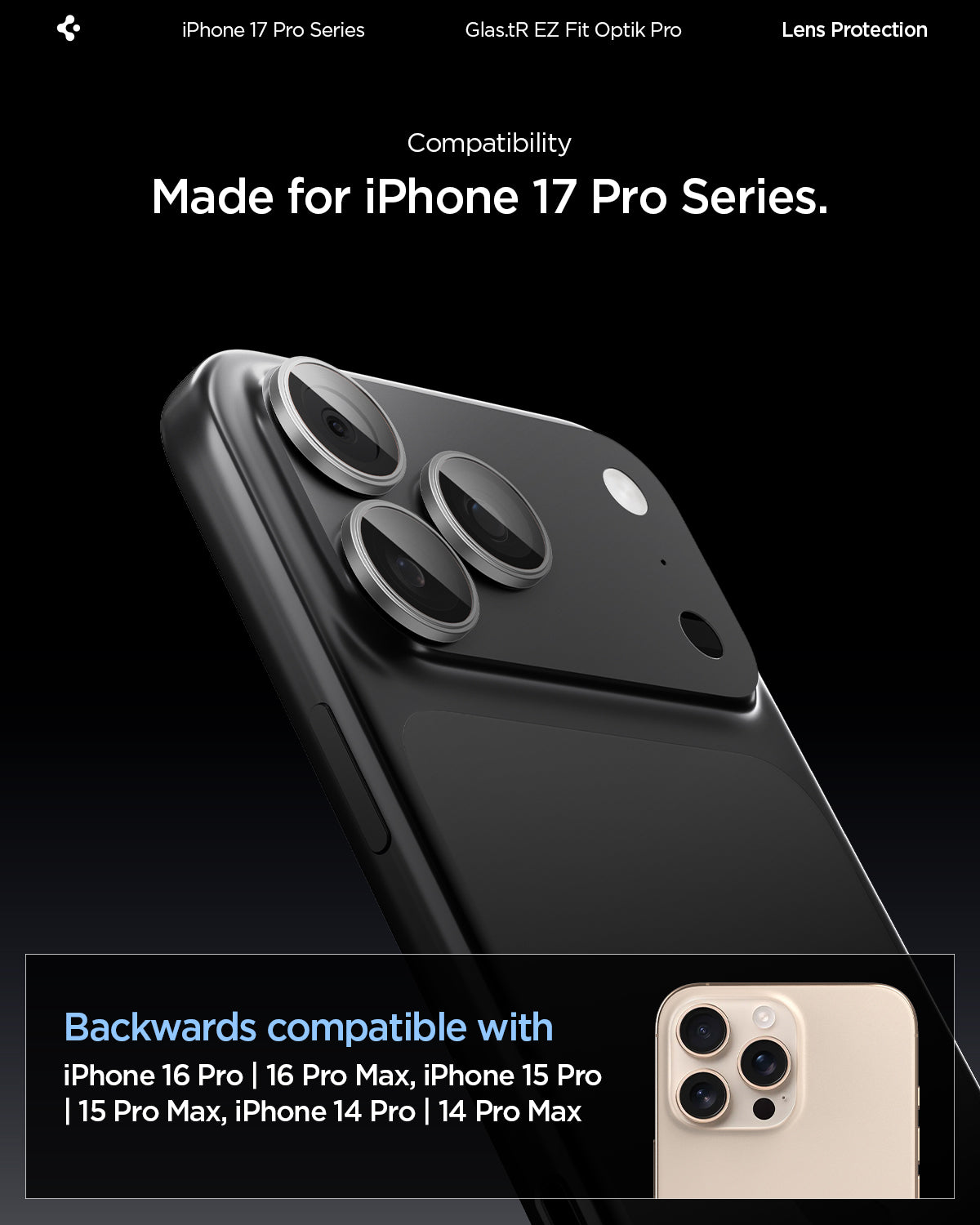 Spigen iPhone 17 Pro Max / 17 Pro Lens Protector – Optik Pro EZ Fit - Gray - iPhone 14 through 17 Pro and Pro Max compatibility
