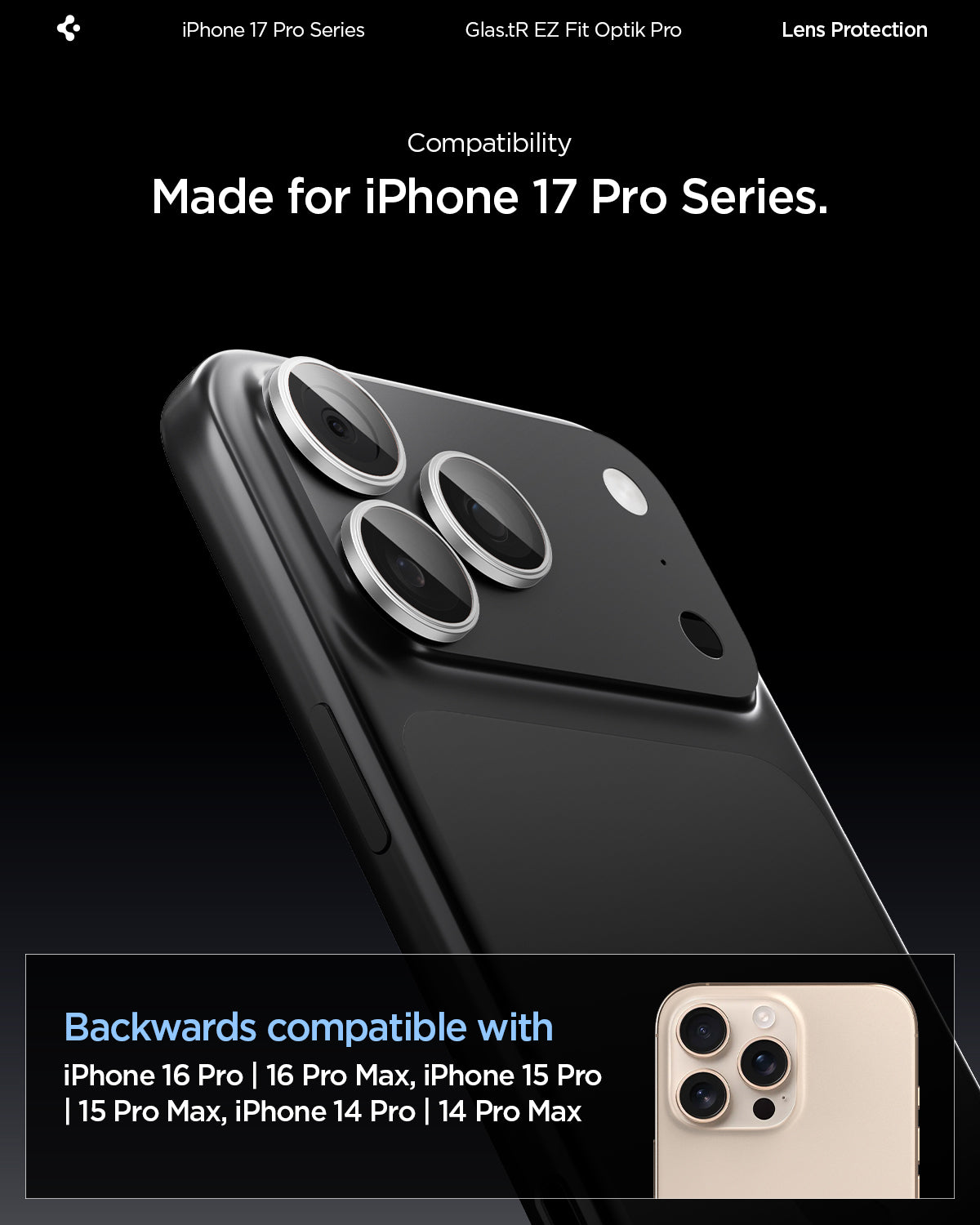 Spigen iPhone 17 Pro Max / 17 Pro Lens Protector – Optik Pro EZ Fit - Silver - iPhone 14 through 17 Pro and Pro Max compatibility