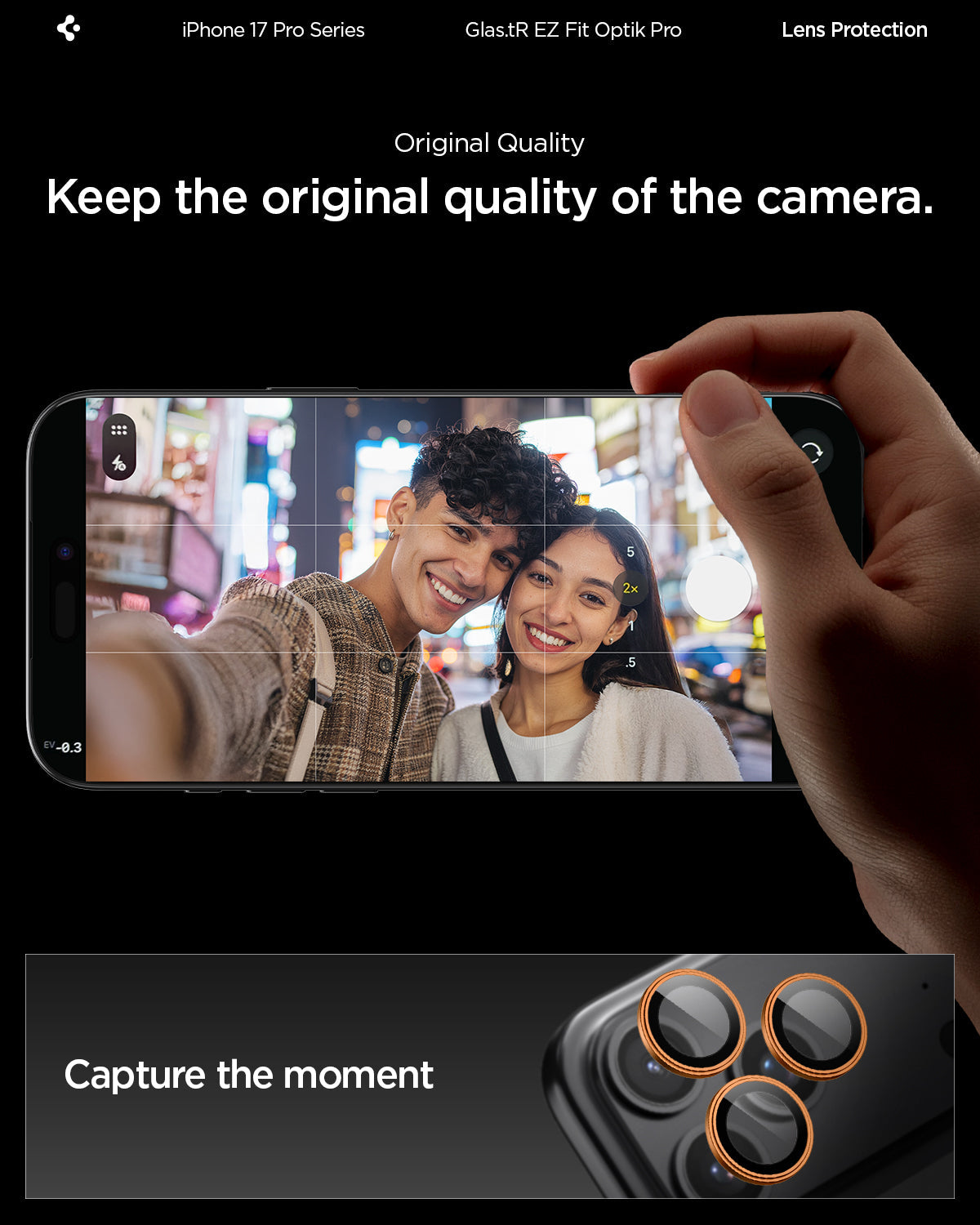 Spigen iPhone 17 Pro Max / 17 Pro Lens Protector – Optik Pro EZ Fit - Orange - original camera image quality detail