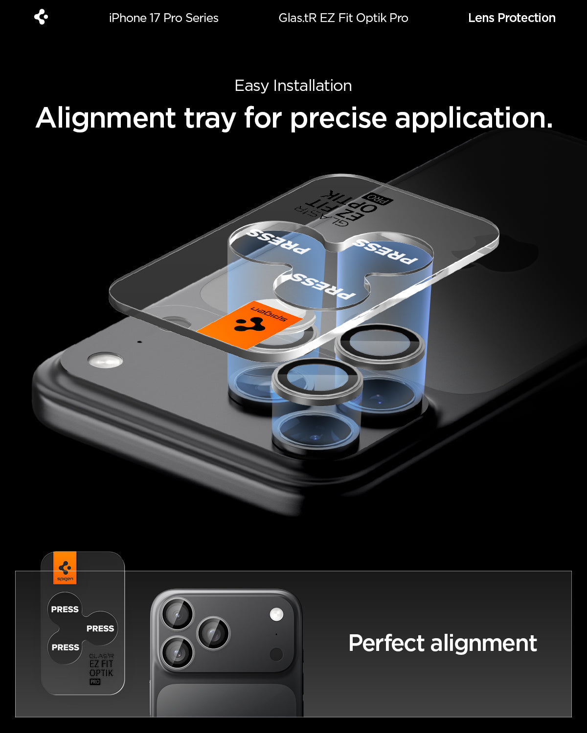Spigen iPhone 17 Pro Max / 17 Pro Lens Protector – Optik Pro EZ Fit - Gray - precise alignment detail