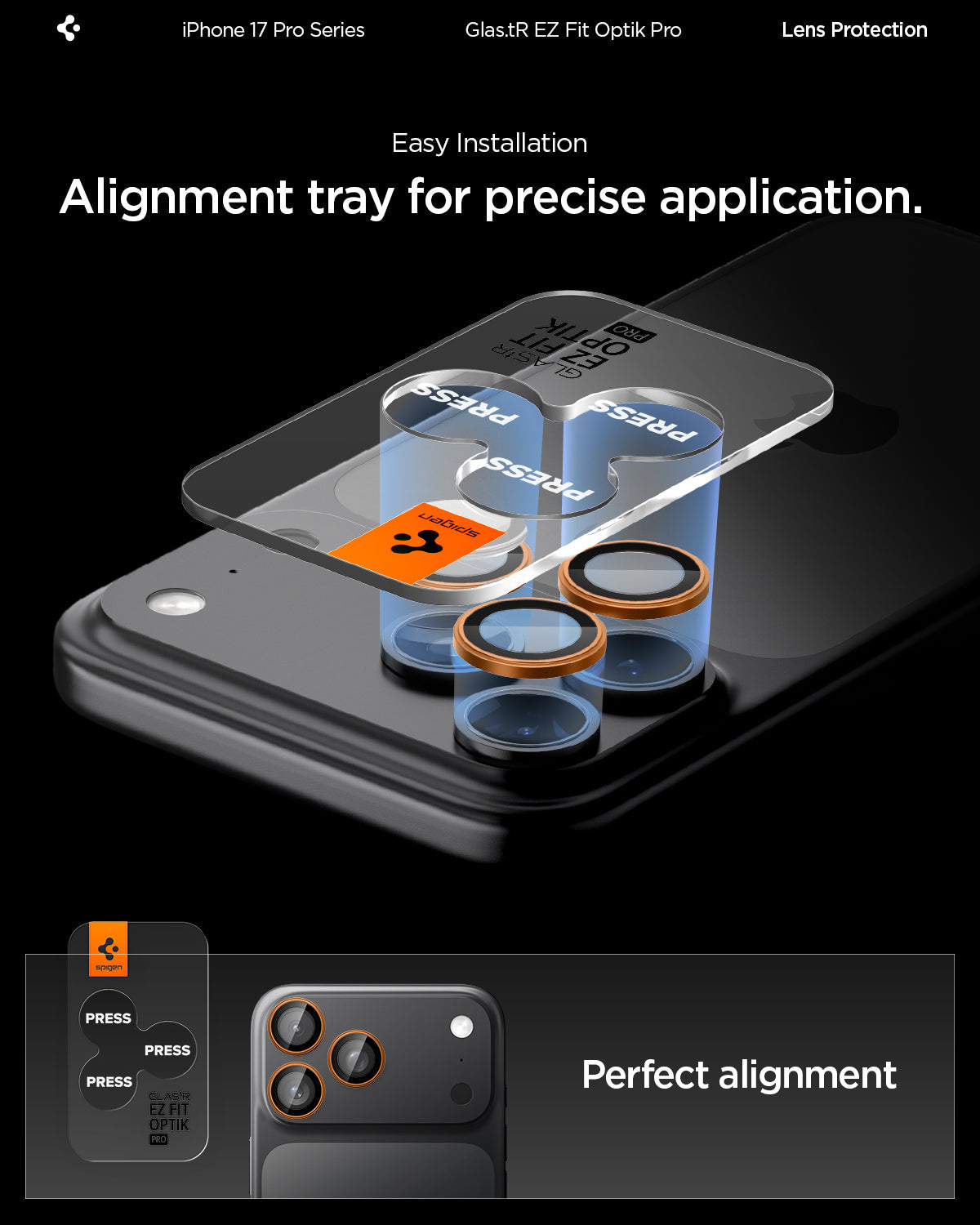 Spigen iPhone 17 Pro Max / 17 Pro Lens Protector – Optik Pro EZ Fit - Orange - precise alignment detail