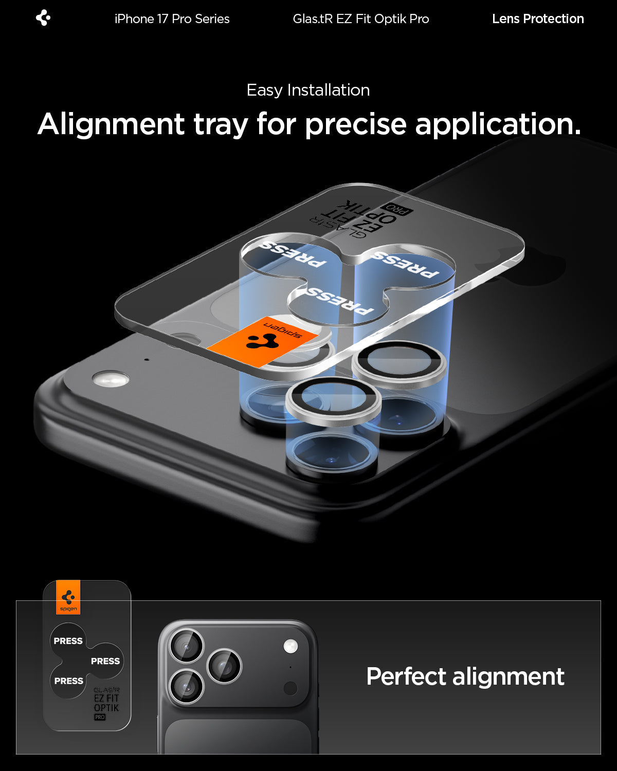Spigen iPhone 17 Pro Max / 17 Pro Lens Protector – Optik Pro EZ Fit - Silver - precise alignment detail