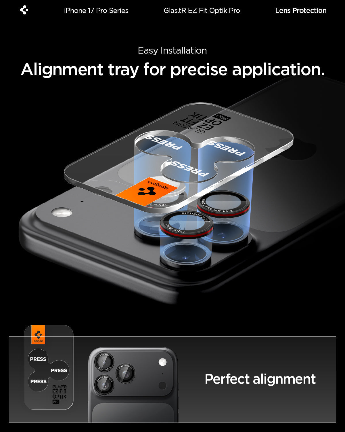 Spigen iPhone 17 Pro Max / 17 Pro Lens Protector – Optik Pro EZ Fit - L-Series - precise alignment detail