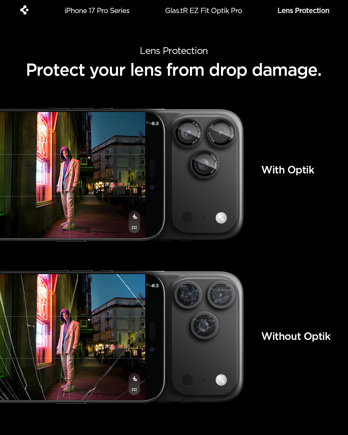 Spigen iPhone 17 Pro Max / 17 Pro Lens Protector – Optik Pro EZ Fit - L-Series - drop protection comparison